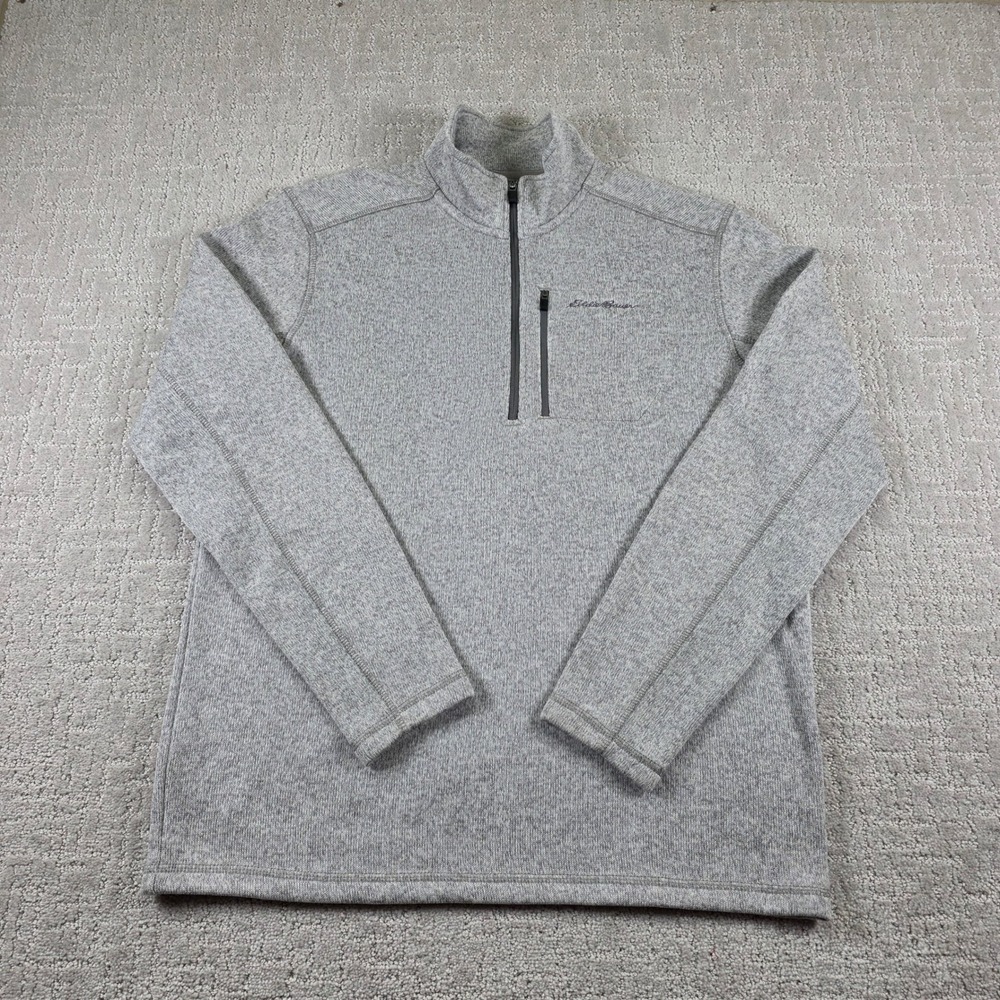 Eddie Bauer Mens Large Gray Heathered Quarter Zip Fleece Pullover Sweater Hiking